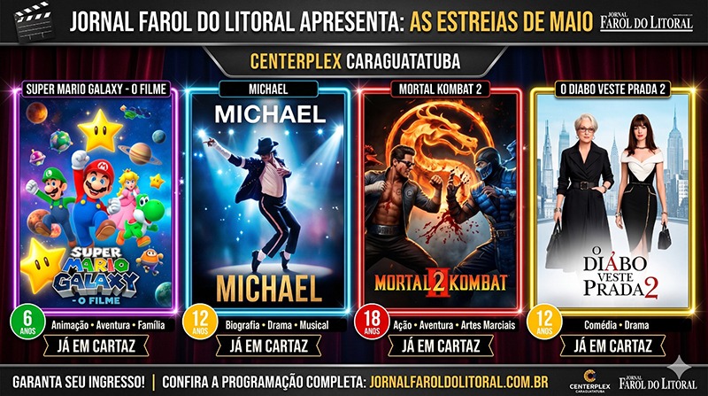 🎬Cinema & Pipoca – Centerplex Caraguatatuba Maio 2026.